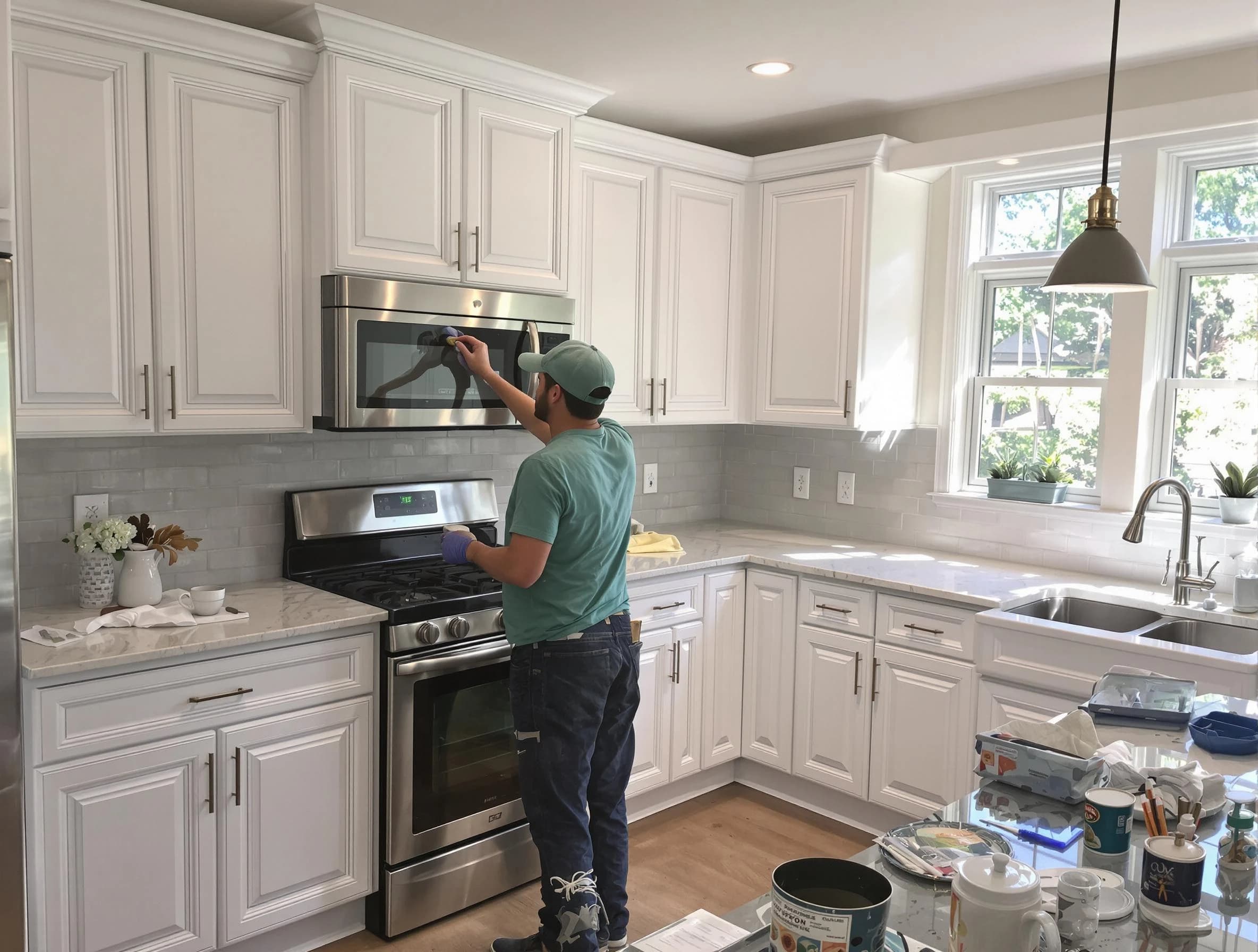 Kitchen cabinets being refinished by Elyria House Painters in Elyria, OH