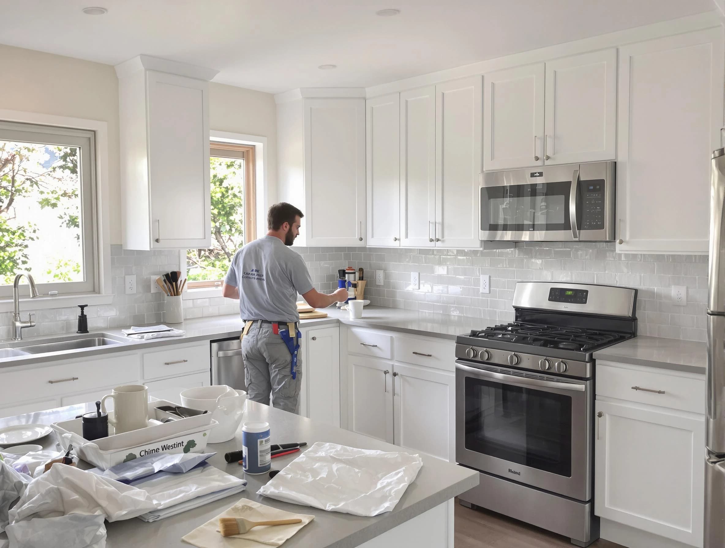 Elyria House Painters applying fresh paint on kitchen cabinets in Elyria