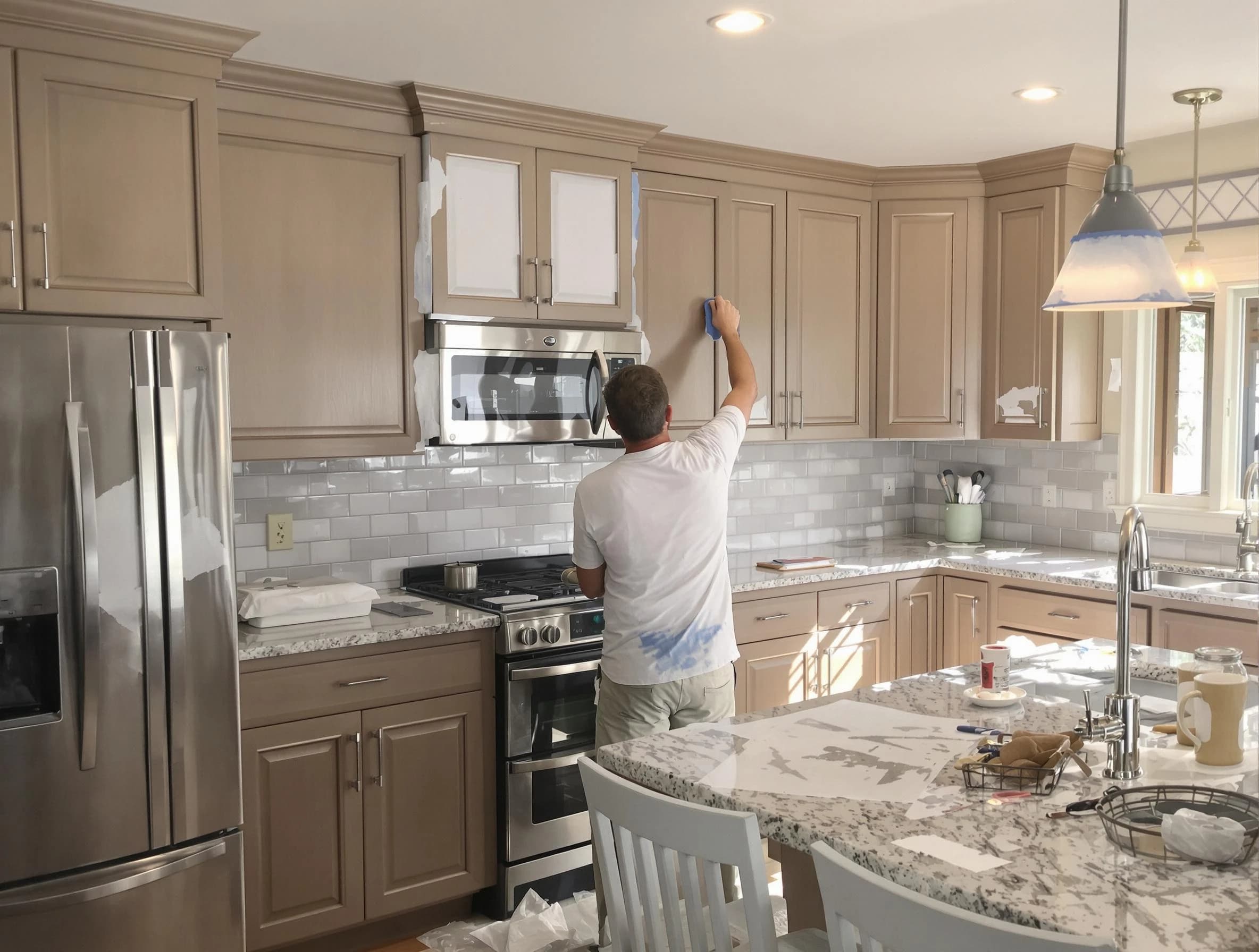 Before-and-after view of kitchen painting by Elyria House Painters in Elyria